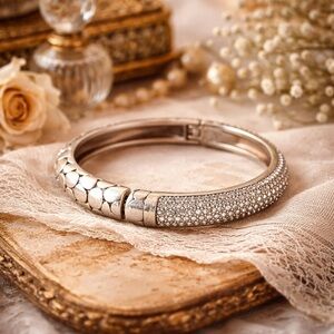 Sterling Silver Pave Crystal Bangle Bracelet - Elegant Silver Bracelet